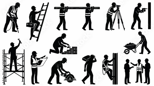Принти на полотні Cartoon vector silhouette collection of construction workers in multiple action