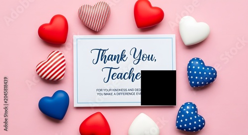 Valentine hearts and thank you card for teacher on pastel pink background