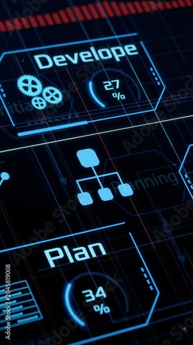 Agile project management, project life cycle, futuristic software interface (3d render) Vertical video
