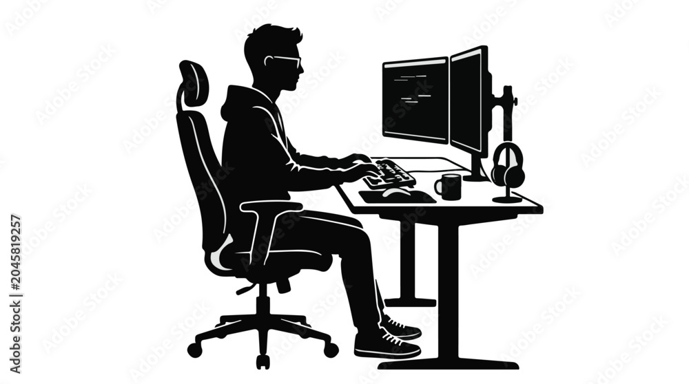 Fototapeta premium Businessman working on computer in office space, modern workspace silhouette, professional man at desk with monitor and keyboard, productive work environment