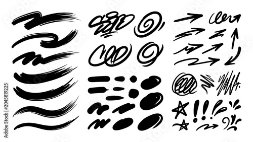 Foto Black hand drawn ink brush strokes arrows scribbles and abstract shapes vector s
