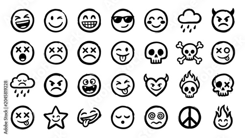 Graffiti style hand drawn emoji icons set featuring skulls hearts and various facial expressions for urban streetwear and graphic design
