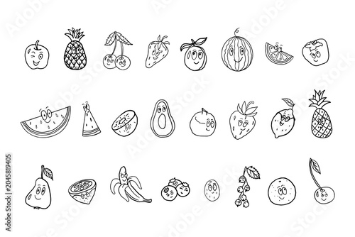 Valokuva Сute set of fruits with faces in doodle style