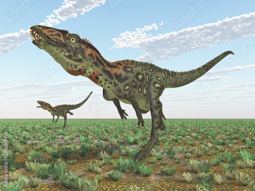 Dinosaurier Masiakasaurus in einer flachen Landschaft