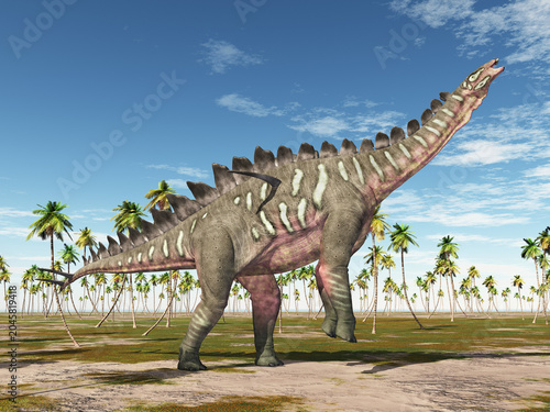 Dinosaurier Miragaia in einer Landschaft mit Palmen