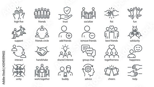 Friendship and social connection line icons collection depicting various human relationships and community interactions for website and app interface design