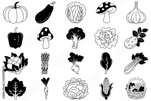 Canvas-taulu black and white collection of Fresh Vegetable Cartoon Vector Illustration