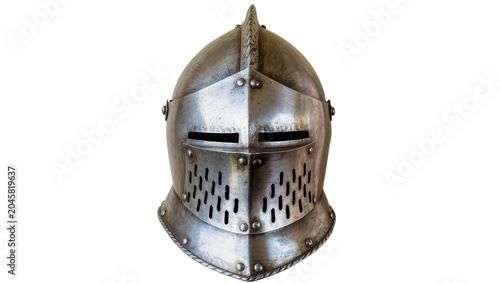 Bild auf Leinwand Medieval knight s steel helmet with visor and ventilation holes, isolated on tra