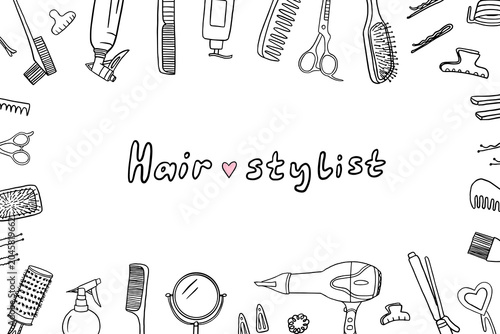 Valokuva Rectangular frame of hairdresser tools in doodle style