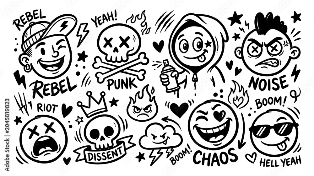 Fototapeta premium Graffiti doodle collection with skulls punk characters and street art icons for urban fashion and sticker design