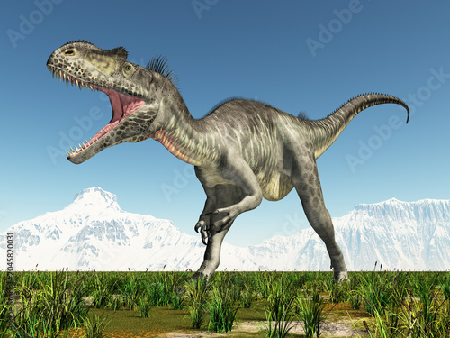 Bild auf Leinwand Dinosaurier Megalosaurus in einer Gebirgslandschaft