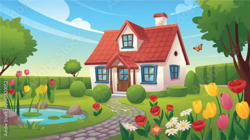 beautiful house with red roof and garden flowers