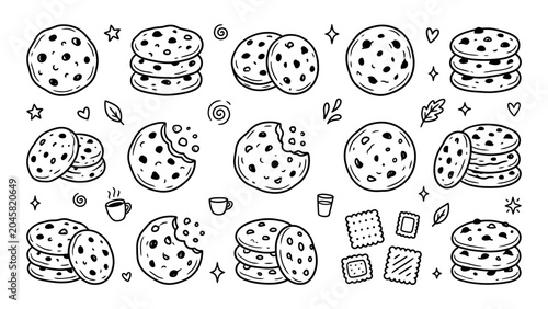 Chocolate chip cookie doodle set with hand drawn biscuits and snacks vector line art for bakery menu design