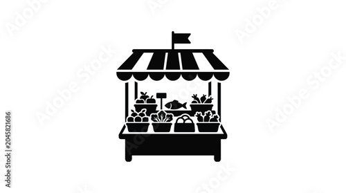 Bild auf Leinwand Market stall with produce and fish black silhouette vegetables fruits food groce