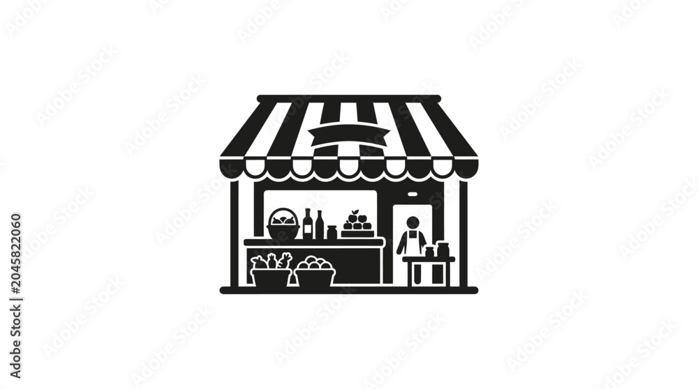 Fototapeta premium Market stall with awning and produce flat black silhouette vendor shop store