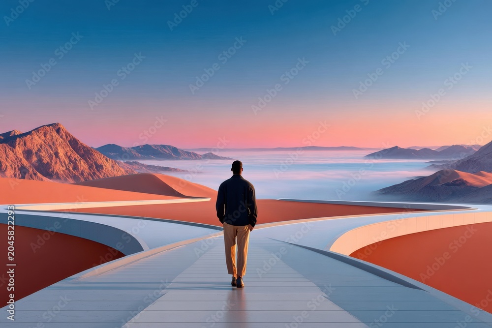 Fototapeta premium Man standing at crossroads path overlooking surreal mountain landscape at sunrise