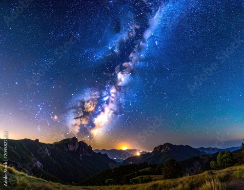 The Milky Way galaxy arches over a majestic mountain range under a starry sky.