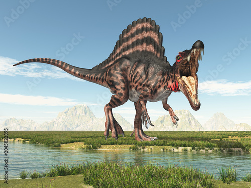 Dinosaurier Spinosaurus in einer Flusslandschaft