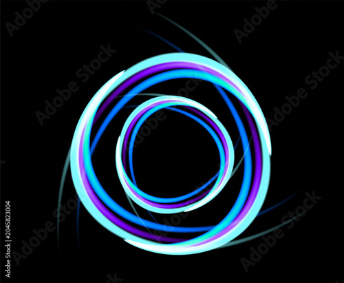Tableau sur toile Futuristic neon spiral composed of glowing blue, cyan and violet circular light trails