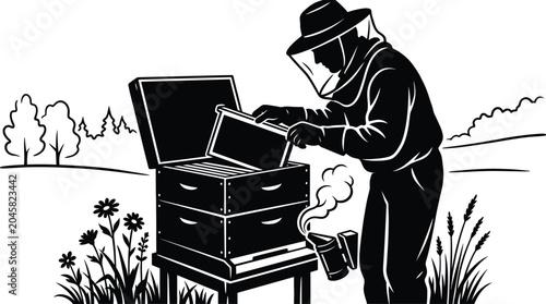 Beekeeper checking honeycomb frames in apiary silhouette illustration with beekeeper suit, wood hive
