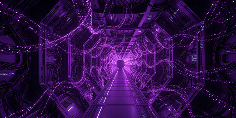 Abstract purple digital data tunnel with glowing particles and geometric patterns