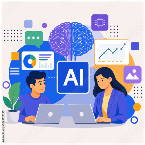 Valokuva Artificial Intelligence Teamwork with Digital Brain Vector