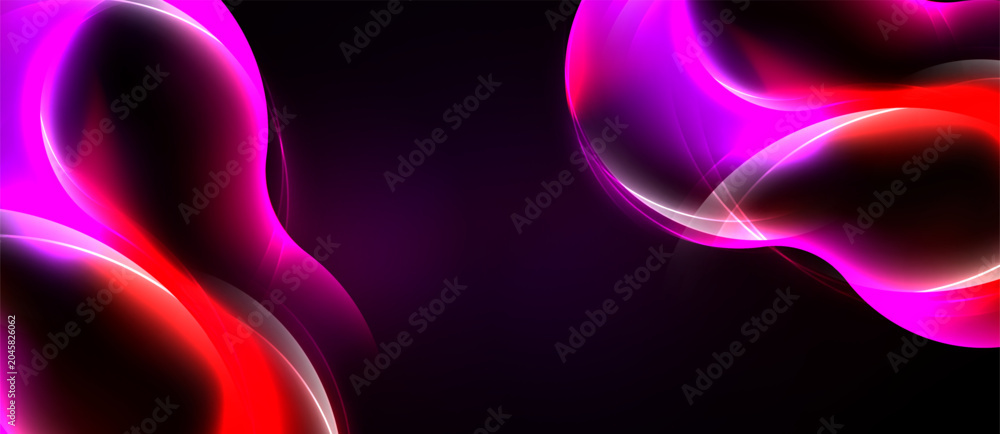 Naklejka premium Abstract neon shapes dominate dark background. Vibrant pinks, reds create flowing, luminous forms. Smooth gradients suggest energy, movement.