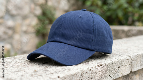 Blank Navy Blue Baseball Cap Mockup on a Stone Wall Outdoor