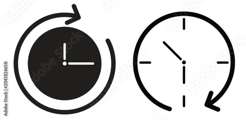 Black history backup and update clock icons featuring circular arrows around clock faces isolated on a white background