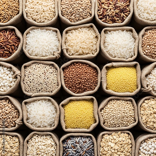 Assorted grains in burlap bags