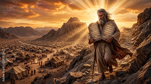 Moses Descending Mount Sinai with the Ten Commandments a Vast Desert Encampment Illuminated by Dramatic Sunset Light Biblical Exodus Covenant