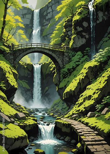 Illustration of a triple waterfall with a stone bridge in the gorge 