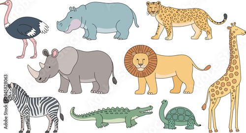Photography African safari animals set cute doodle style blue line vector illustration