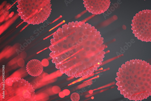 Abstract red virus cells illustration with glowing laser rays on dark background graphics.