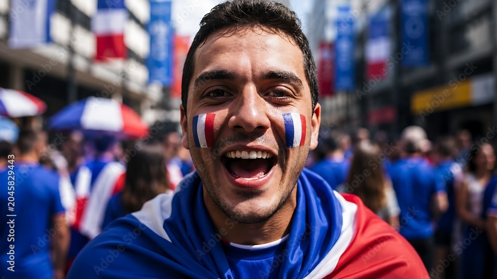 Fototapeta premium Happy man with france flag draped over shoulders and painted cheeks at street celebration.