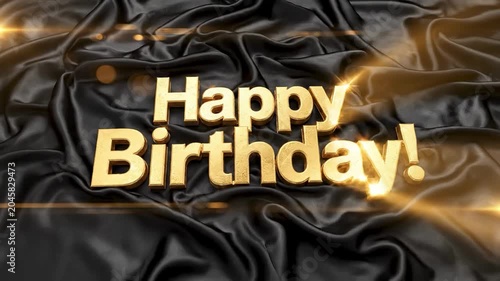 4K Golden Foil Happy Birthday Text Emerging from Black Silk Ripples