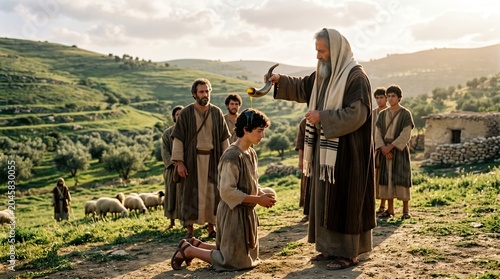 Prophet Samuel Anointing Young David as Future King with Oil from a Horn Amidst Men in a Tranquil Ancient Landscape