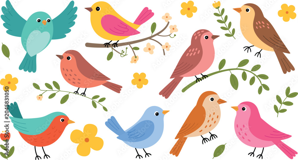 Obraz premium Spring birds collection cute colorful vector illustration set