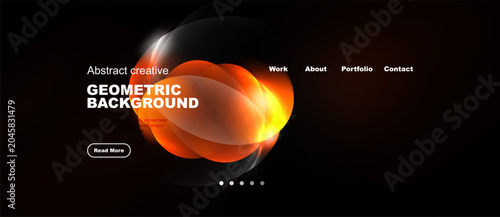 Foto Dark background features abstract orange shapes, text elements, navigation menu