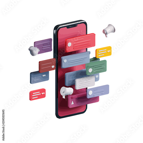Obraz na płótnie Smartphone displays floating notification bubbles and message alerts in a 3D digital environment