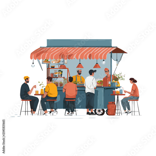 Bild auf Leinwand Street food stall attracts a diverse group of hungry customers standing around a mobile kitchen
