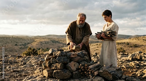 Biblical Scene of Abraham and Isaac Building a Stone Altar in an Ancient Desert Landscape Faith and Sacrifice