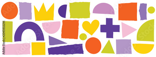 Foto A collection of various hand-drawn paper collage style geometric shapes in vibrant colors including circles, squares, triangles, and abstract forms