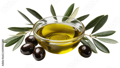 Glass bowl filled with golden olive oil surrounded by black olives and green leaves, isolated on transparent background