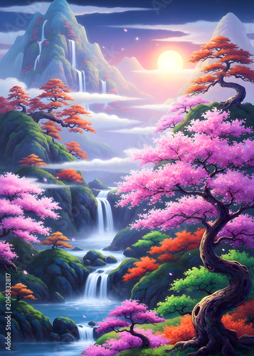 Colorful fantasy landscape with cherry blossoms and waterfalls