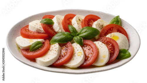 Bild auf Leinwand Fresh Caprese salad with sliced tomatoes mozzarella and basil leaves, isolated o
