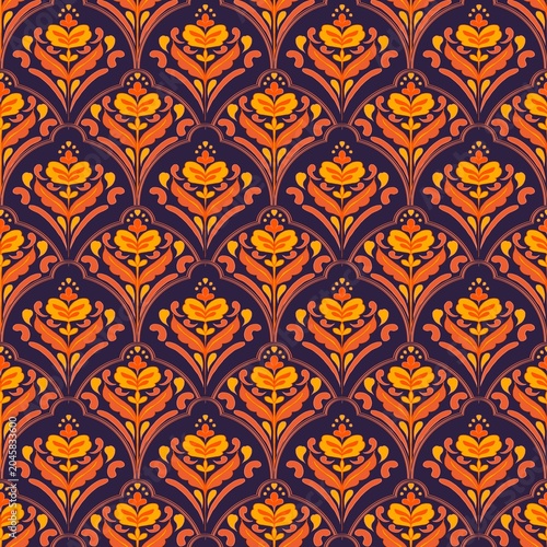 Luxury Art Nouveau Floral Seamless Pattern with Vintage Damask Ornament Background