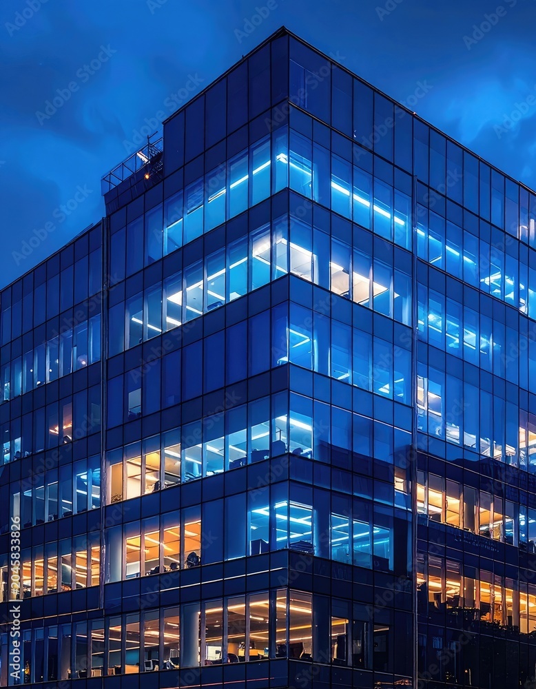 Fototapeta premium Modern glass office building facade illuminated at dusk.