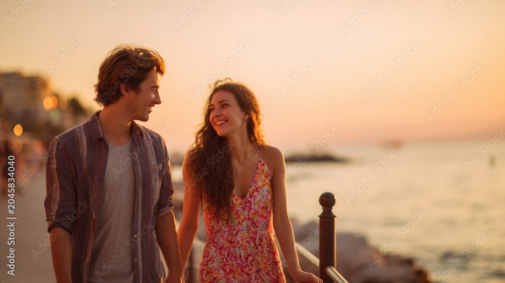 Fototapeta premium Young couple talking by the sea at sunset