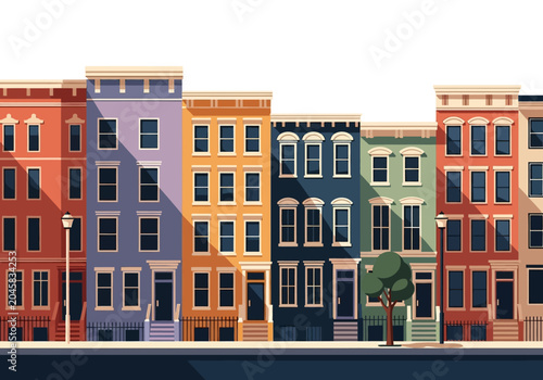 Canvastavla Flat Design Vector Illustration of Colorful City Townhouses and Row Houses in an